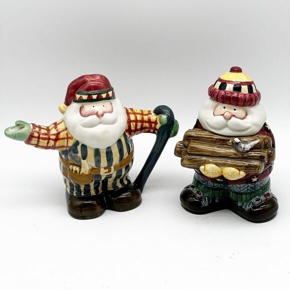 NEW Debbie Mumm by Sakura Woodland Santa Ceramic Sugar & Creamer Holiday Set - Picture 1 of 10